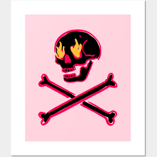 Black Skull Fire Eyes Skeleton Vaporwave with crossed Bones Posters and Art